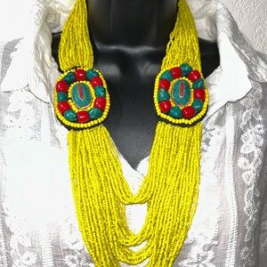 Bold, Vibrant, Artisan Handmade  Beaded Necklace in Yellow, Red  & Green Accents